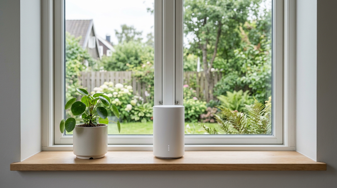 Modern 5G-router bredvid fiberdosa i ett uppkopplat hem