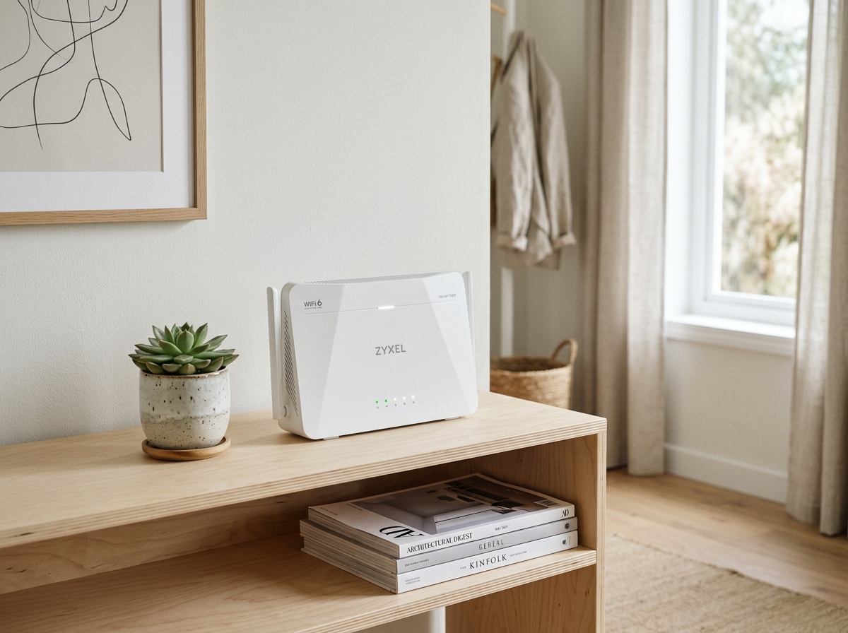 Minimalistisk modern vit Wi-Fi 6 router på ljus trähylla i skandinaviskt hem