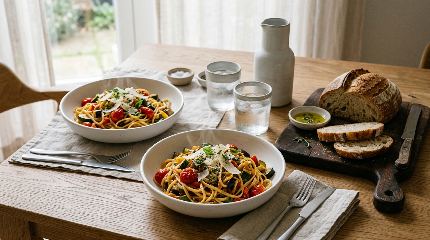 Nylagad familjemiddag med pasta och färskt bröd serverat på ett dukat matbord