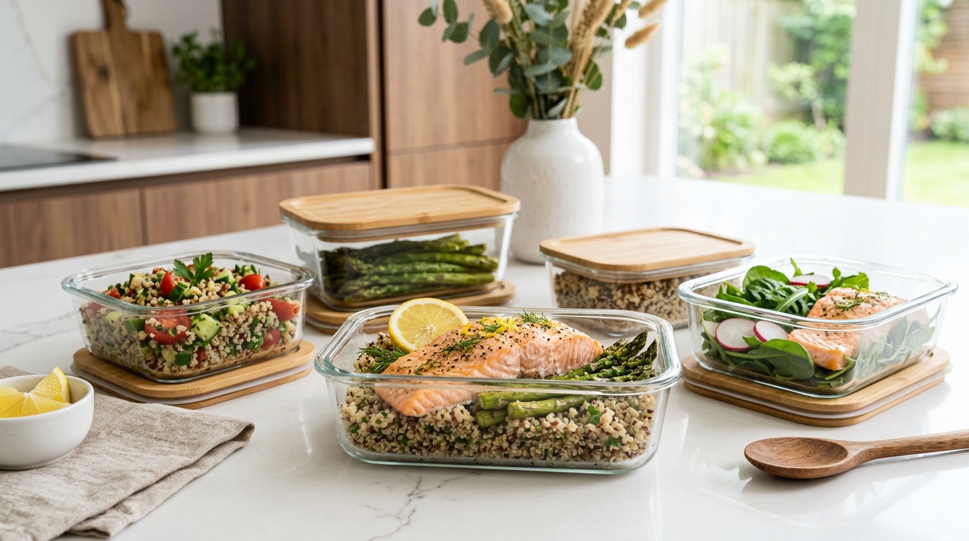 Glasmatlådor med nylagad lax, quinoa och sparris på en ljus köksbänk